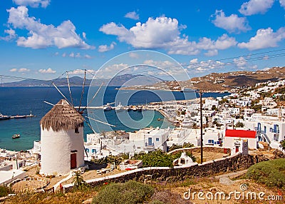 The famous windmill above the town of Mykonos in Greece against