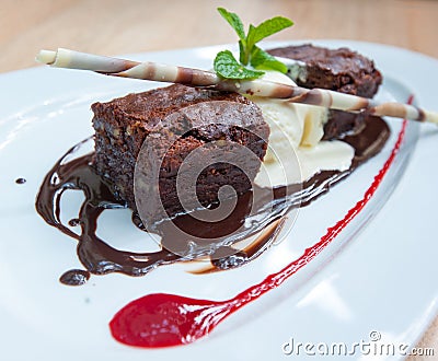 Fancy dessert, chocolate brownie and ice cream