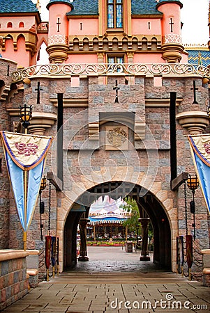 Fantasy Castle with Flags and Iron Gate
