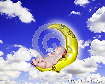 Fantasy Infant Portrait on Crescent Moon in Cloudy Sky