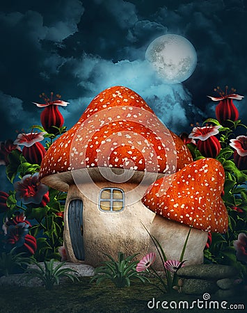 Fantasy mushroom cottage with moon