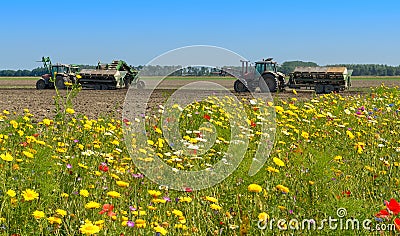 Farm tractor with trailer planting potatoes