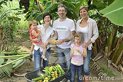 Farmer and customer family in banana plantation
