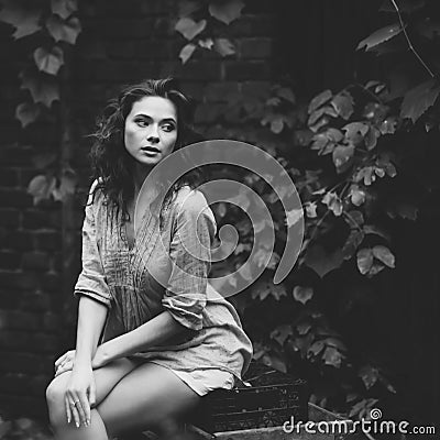 Fashion black and white portrait of young woman