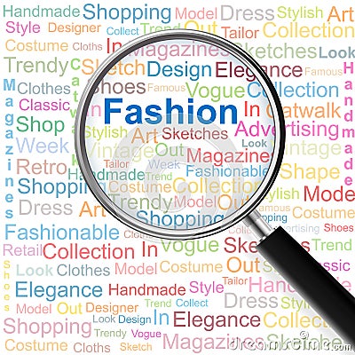 Fashion.Magnifying glass over seamless background with different association terms