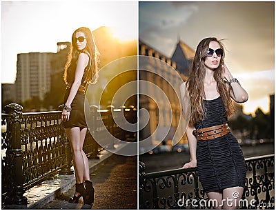 Fashion model on the street with sunglasses and short black dress.Fashionable girl with long legs posing on street. High fashion