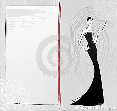 Fashion vintage girl in black dress sketch card