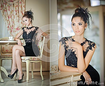 Fashionable attractive young woman in black dress sitting in restaurant. Beautiful brunette posing in elegant vintage scenery