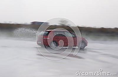 Fast car induced aquaplanning during course of advanced driving