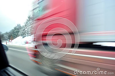 Fast moving red truck