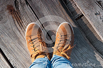 Feet and shoes in wood. Selfie image