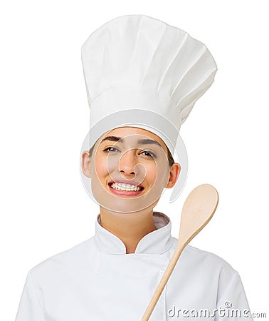 Female Chef With Wooden Spoon - female-chef-wooden-spoon-portrait-smiling-against-white-background-horizontal-shot-39620477