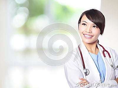 Female doctor smile look to copy space