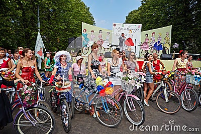 Female participants of cycle parade Lady on Bicycle