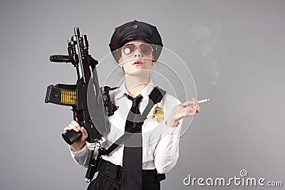 Female police officer with gun