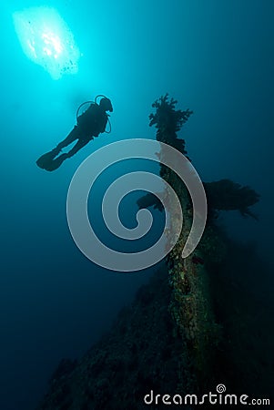 Female scuba diver exploring ship wreck