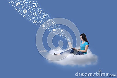 Female student send email with laptop on cloud
