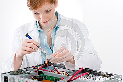 Female support computer engineer - woman repair