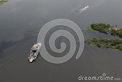 Ferry on the Amazon seen from plane