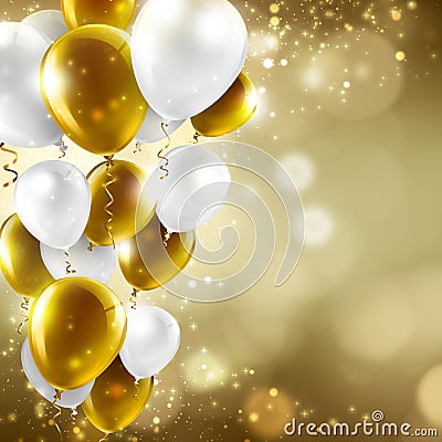 Gold and white balloons on abstract blurred lights - festive ...