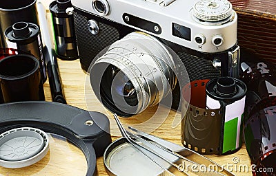 Film camera and accessories.