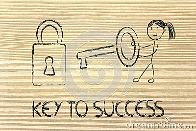 Find the key to success, funny girl character being successful