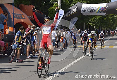 Finish scene, with the joyful winner of one race, in Road Grand Prix event, a high-speed circuit race in Ploiesti-Romania