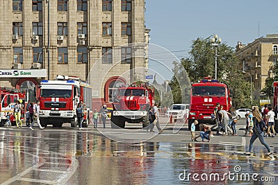 Fire engines at the exhibition stand under the open sky on the forecourt of Volgograd.