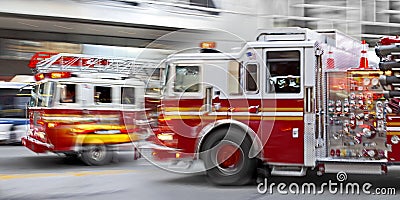 Fire trucks and firefighters brigade in the city