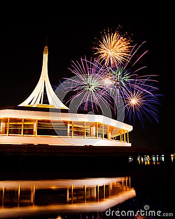 Fire work at rama 9 garden and reflection