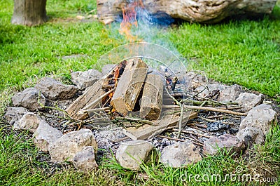 Firewood burning in fire with smoke surrounded by stones