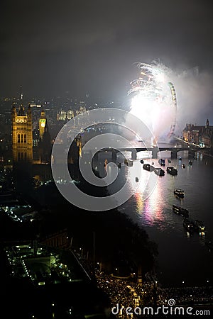 Fireworks over London Eye and Westminster