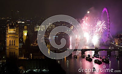 Fireworks over London Eye and Westminster