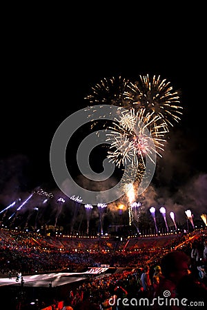 Fireworks over stadium during ending with crowd