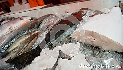 Fish on ice counter in market