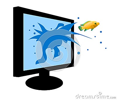 Fish jumping out of a monitor