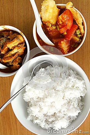 Fish and meat curries - asian street food dishes