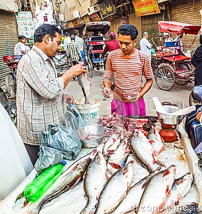 Fish stall at the Chawri Bazar in Delhi, India