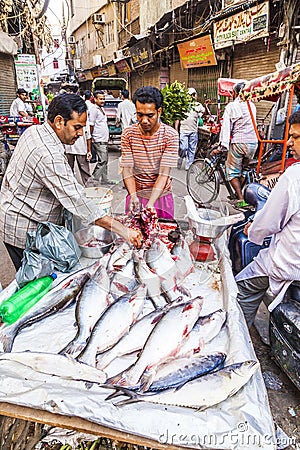 Fish stall at the Chawri Bazar in Delhi, India