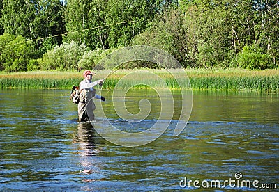 Fisherman catches of chub fly fishing in the Chusovaya river