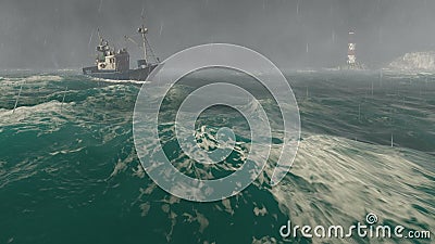 Fishing Boat And Lighthouse At Stormy Sea Stock Footage 