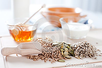 Fitness breakfast with healthy muesli and seeds