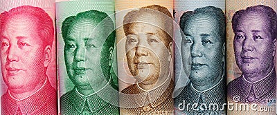 Five different face values of Chinese banknotes