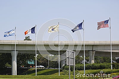Flags at the entrance to John F. Kennedy International Airport in New York