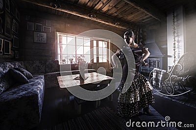 Flamenco dancer silhoutte indoors, rural interior