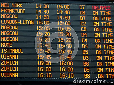 Flights information board in an international airport terminal