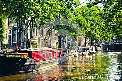 Floating houses in Amsterdam, Netherlands