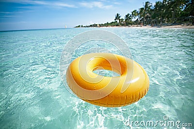 Floating ring on blue clear sea with beach