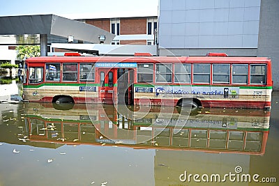 A Flooded Bus at a Bus Stop at a Bangkok Airport