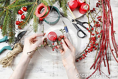 Florist workspace: woman making floral decorations